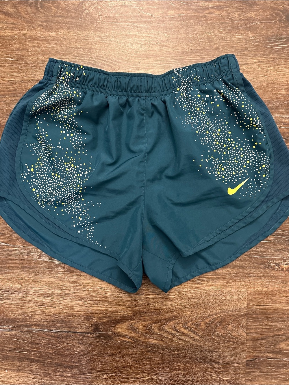 Nike Women's Teal Athletic Shorts with Neon Yellow Details